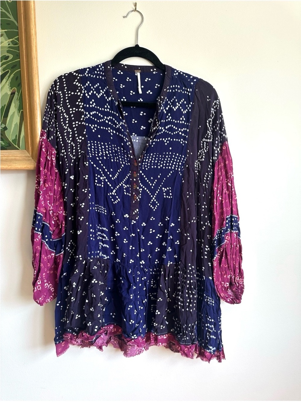 Free People Boho Shibori Patchwork Printed Long Sleeve Dress Womens XS